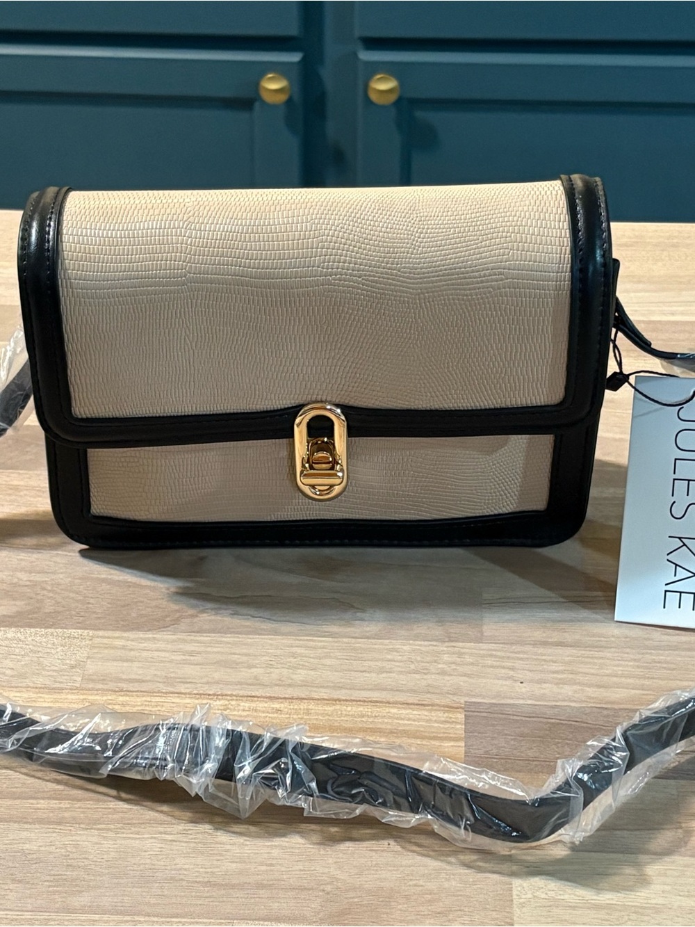 Jules Kae vegan Cream and Black Textured Crossbody Bag with Gold Tone Hardware